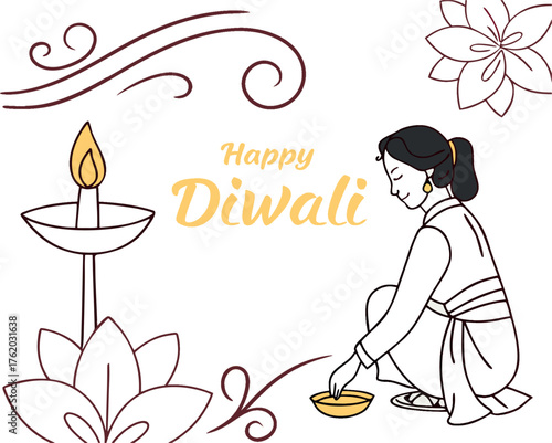 Outline illustration of a woman lighting an oil lamp during Diwali celebration, symbolizing joy and cultural tradition