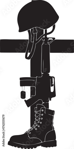 Veterans Day, Memorial Silhouette: Battlefield Cross with Rifle, Helmet, and Boots - Military Remembrance Art