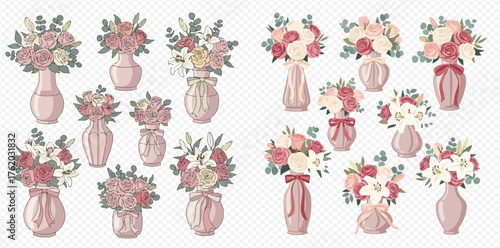 Collection of floral arrangements in vases, featuring roses, lilies, and greenery, tied with ribbons, in a soft, romantic style.