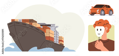 Cargo ship loaded with containers in water, orange compact car, person holding a mask. Ideal for trade, shipping, logistics, transport, identity business globalization. Simple flat metaphor