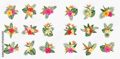 Tropical flower bouquets with hibiscus, plumeria, and bird of paradise flowers.