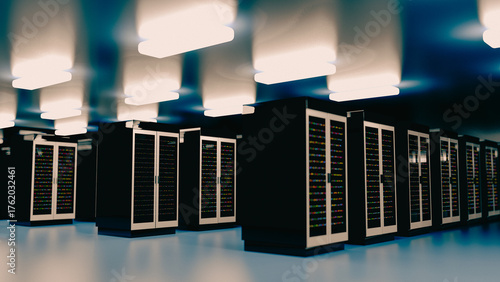 Server. Server data center. Backup, mining, hosting, mainframe, farm and computer rack with storage information. 3d rendering