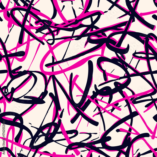 Vector graffiti seamless pattern. Urban art texture with paint strokes, chaotic lines. Abstract sport style background. Hor pink, black, beige. Repeat trending design for kids, teens, boys, girls