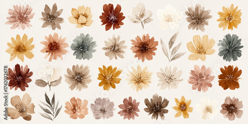Collection of delicate watercolor floral illustrations in warm earthy tones isolated on white background