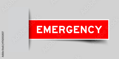 Red color square shape sticker label with word emergency inserted in gray background