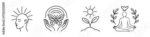 Mindfulness and wellness linear icon set