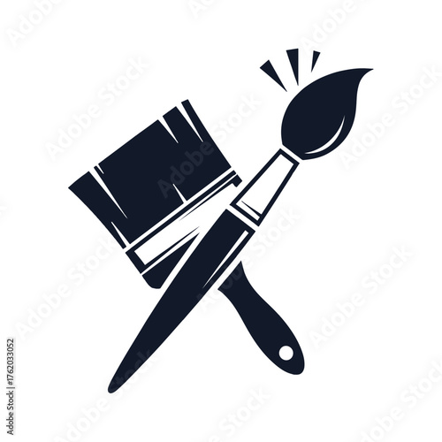 Dark blue crossed paint brushes and paint swatch icon tool craft