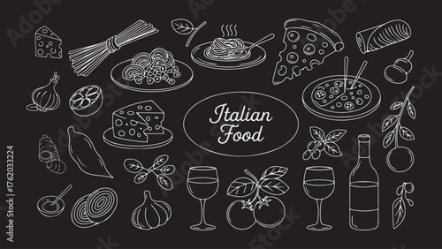Vintage doodle set of food and drink icons on blackboard background