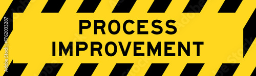 Yellow and black color with line striped label banner with word process improvement