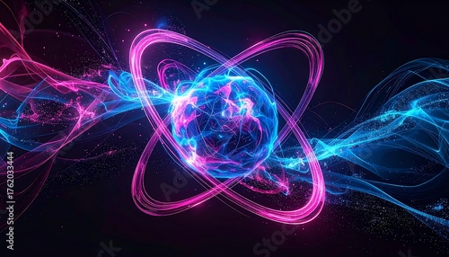 Abstract, dynamic artwork depicting a luminous sphere encircled by vibrant, energy rings and flowing particles in a cosmic, dark space