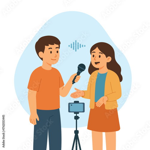 Content Creator Recording Video Content with Camera Flat Illustration