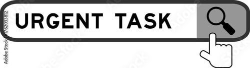 Search banner in word urgent task with hand over magnifier icon on white background