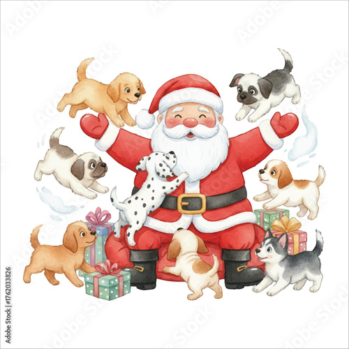 Santa with Cute Puppies Watercolor Vector Illustration on White Background
