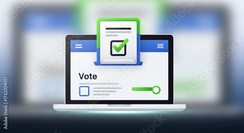Online voting concept with a laptop showing a voting interface and a document with a checkmark