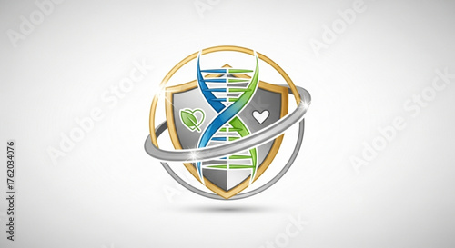 Dna shield logo with genetic code, heart, and leaf, symbolizing health, protection, and natural science