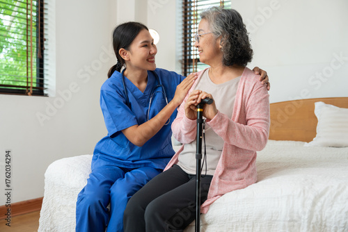 An elderly individual receives compassionate care from a healthcare professional in a cozy home setting. Their warm interaction highlights trust, support, importance of personalized medical attention