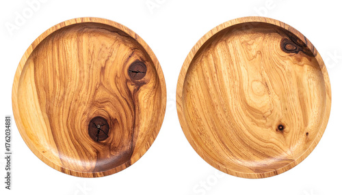 Pair of rustic wooden plates top view isolated on white background