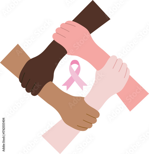 Diverse hands unite for breast cancer awareness symbol