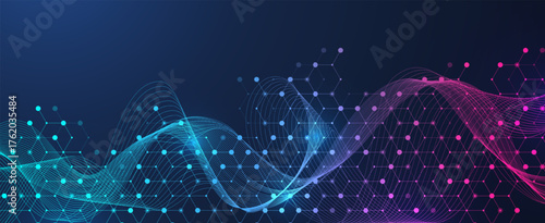 Molecular abstract structure and genetic engineering DNA. Healthcare and medicine background concept. Scientific research background. Wave flow. Innovation pattern. Vector illustration.