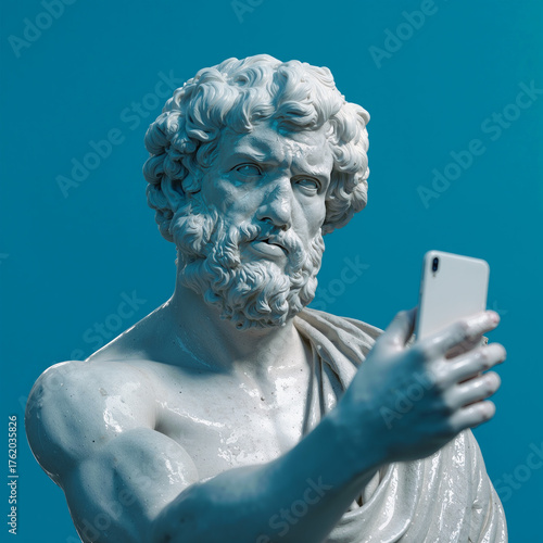 Marble statue captures modern moment by taking a selfie with a smartphone