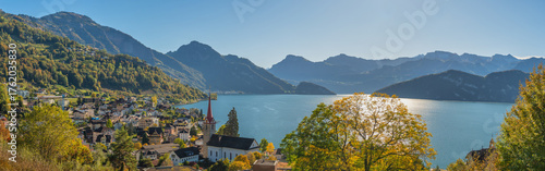 Weggis Switzerland, panorama city skyline at Weggis town and Lake Lucerne (Luzern) in Autumn season