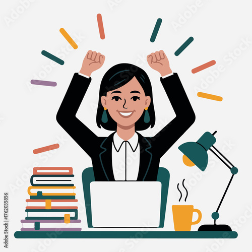 Happy business woman working on laptop at office desk – flat vector illustration of workplace productivity and success concept . Thank You . 