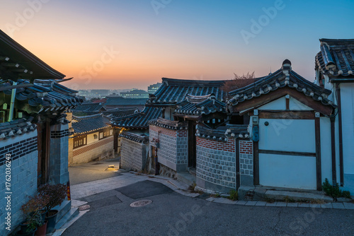 Seoul South Korea sunrise of Korean traditional house at Bukchon Hanok Village