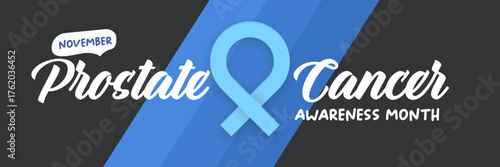 November Prostate cancer awareness month banner with blue ribbon icon. Blue November is prostate cancer awareness month. November mens health month poster and wide banner