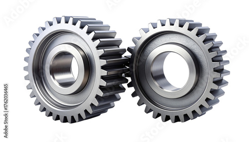 Pair of polished industrial gears isolated on white background for engineering visuals