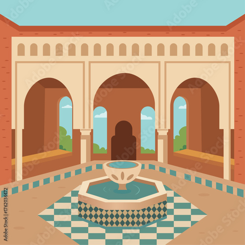 Moorish Courtyard Fountain. Moroccan Riad Courtyard Vector Illustration.