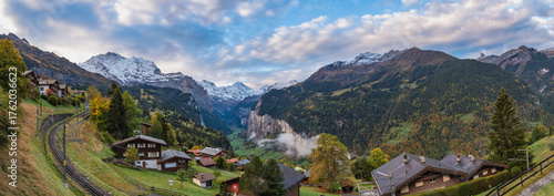 Wengen Switzerland, panorama nature landscape at village and Jungfrau peak in...