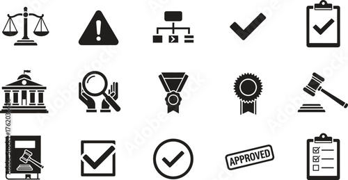 Set of black and white icons related to business and law