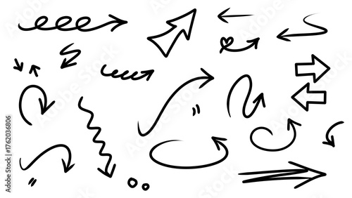 Hand-drawn arrows collection on transparent background. Doodle arrow sketch set vector design. Directional, up, down, right, left, and curved arrows.