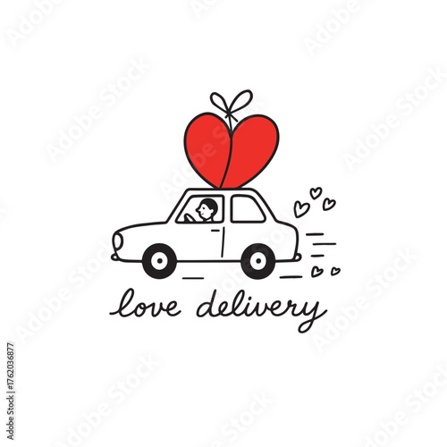 Love Delivery Car — Valentine’s Day Vector Illustration with Red Heart