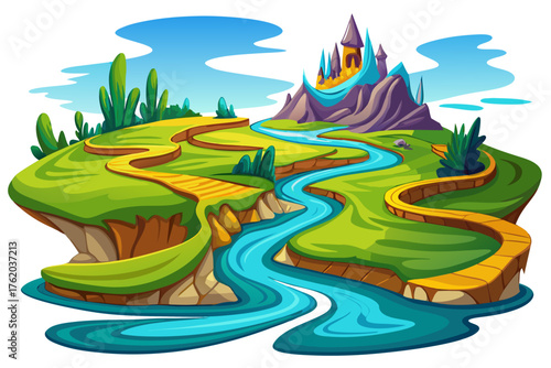 flowing river outline carving a path through a series of geometric landmasses Minimalist line art