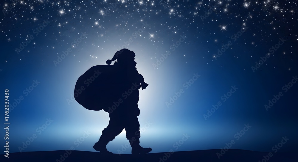 Obraz premium A silhouette walks against a starry, deep blue sky, carrying a heavy sack under the soft, diffused light.