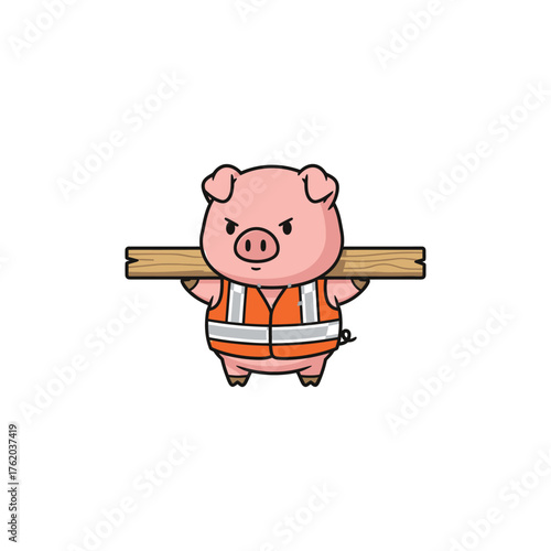 Cute cartoon pig construction worker carrying a wooden plank.