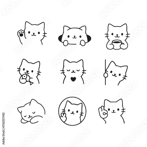 Minimalistic black and white vector icon set featuring cute cat faces with different emotions and gestures.