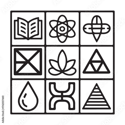 Nine geometric icons representing knowledge nature science technology and spirituality in a grid layout