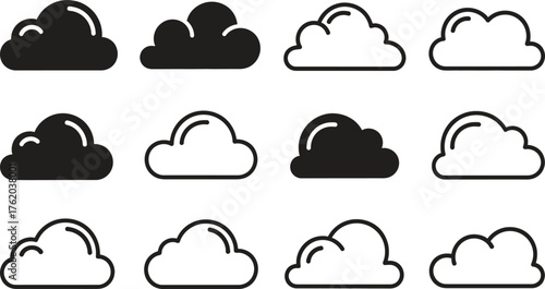 Twelve Black and White Cloud Icons Set Meteorology Weather Theme