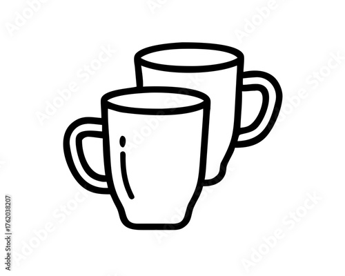 Two plain white ceramic mugs with handles, depicted in a simple line art style, suggesting coffee or tea service
