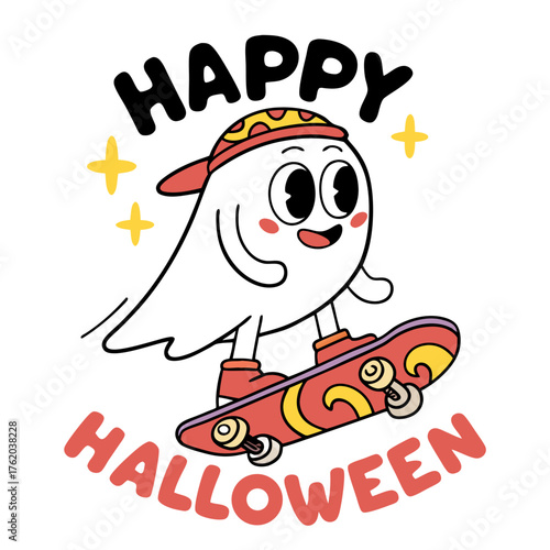 Happy Halloween Skateboard Ghost Sticker Vector – Cute Cartoon Spooky Character Riding Board – Retro Style Trick or Treat Spirit T-Shirt Design and Decoration