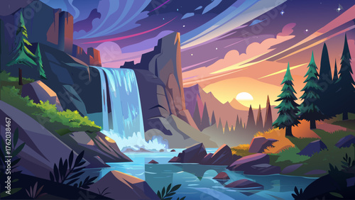 Very beautiful twilight waterfall captured in long exposure, transforming flowing water into a silky, ethereal cascade surrounded by glowing rocks and peaceful forest atmosphere.
