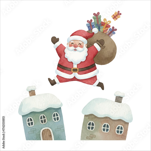Santa Doing Parkour Jump Watercolor Vector Illustration on White Background
