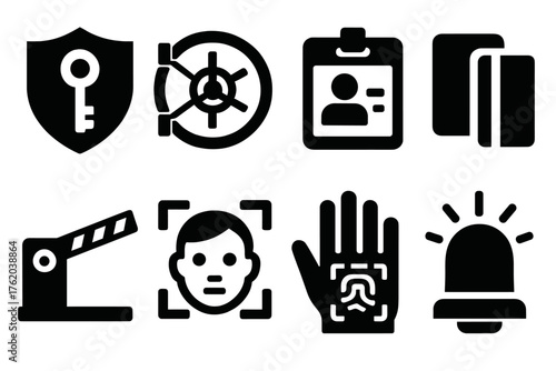 Security passcode entry silhouette set: shield with key, vault door, ID badge, keycard swipe, gate barrier, face scan, biometric hand, alarm bell.
