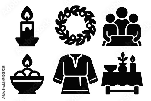 Seasonal Rituals silhouette set: candle flame, wreath, family gathering, offering bowl, traditional clothing, decorated table. , , High resolution, sharp vector-like appearance,