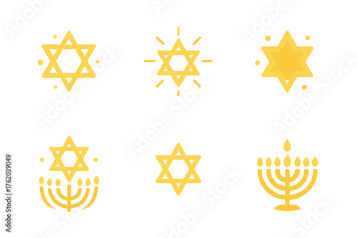Hanukkah Star Symbolism flat icons: stylized star, radiant shimmer, circular motif, menorah glow, small lights, gradient background. , , High resolution, sharp vector-like