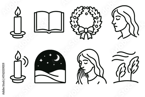 Advent Peaceful Waiting outline icon set: candlelight on table, open scripture, gentle breeze, wreath with ribbons, serene face, soft light, twilight sky, silent prayer. , , High