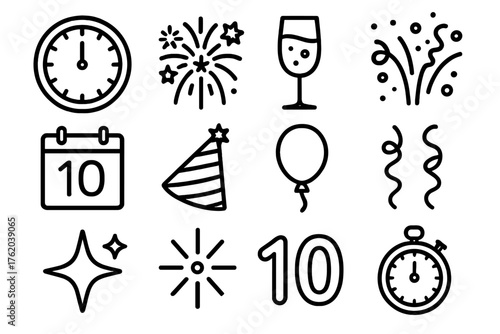 New Year Countdown outline icon set: clock striking midnight, fireworks, champagne glass, confetti, calendar, party hat, balloon, streamers, sparkling star, celebration burst,