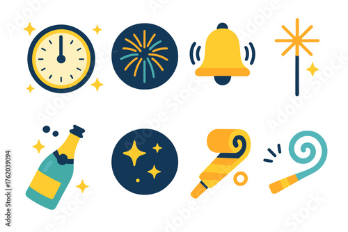 New Year Clock Striking flat icons: clock hands at twelve, shining stars, champagne bottle, fireworks burst, night sky, bell chime, sparkler, party horn. , , High resolution, sharp